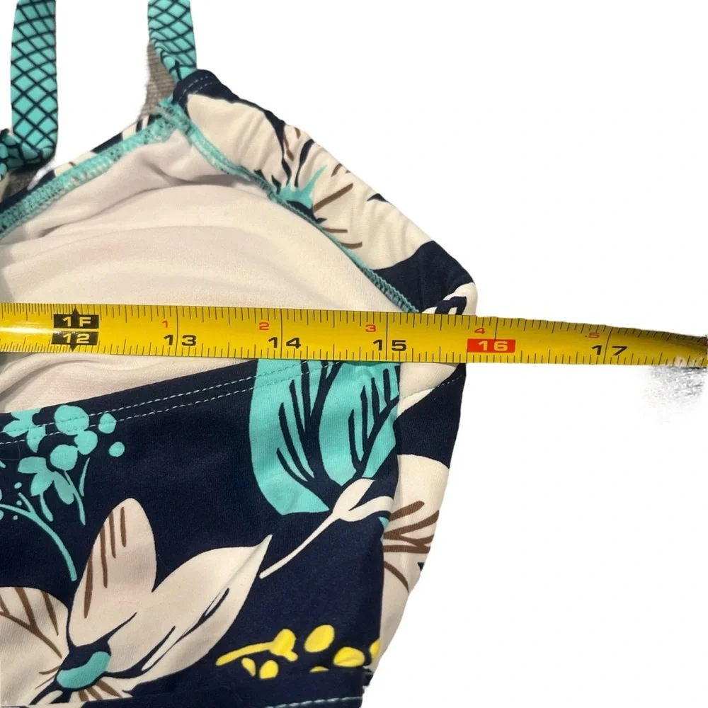 Beach House Swim Dress 12 Blue White Hawaiian Tropical Floral Wireless One Piece